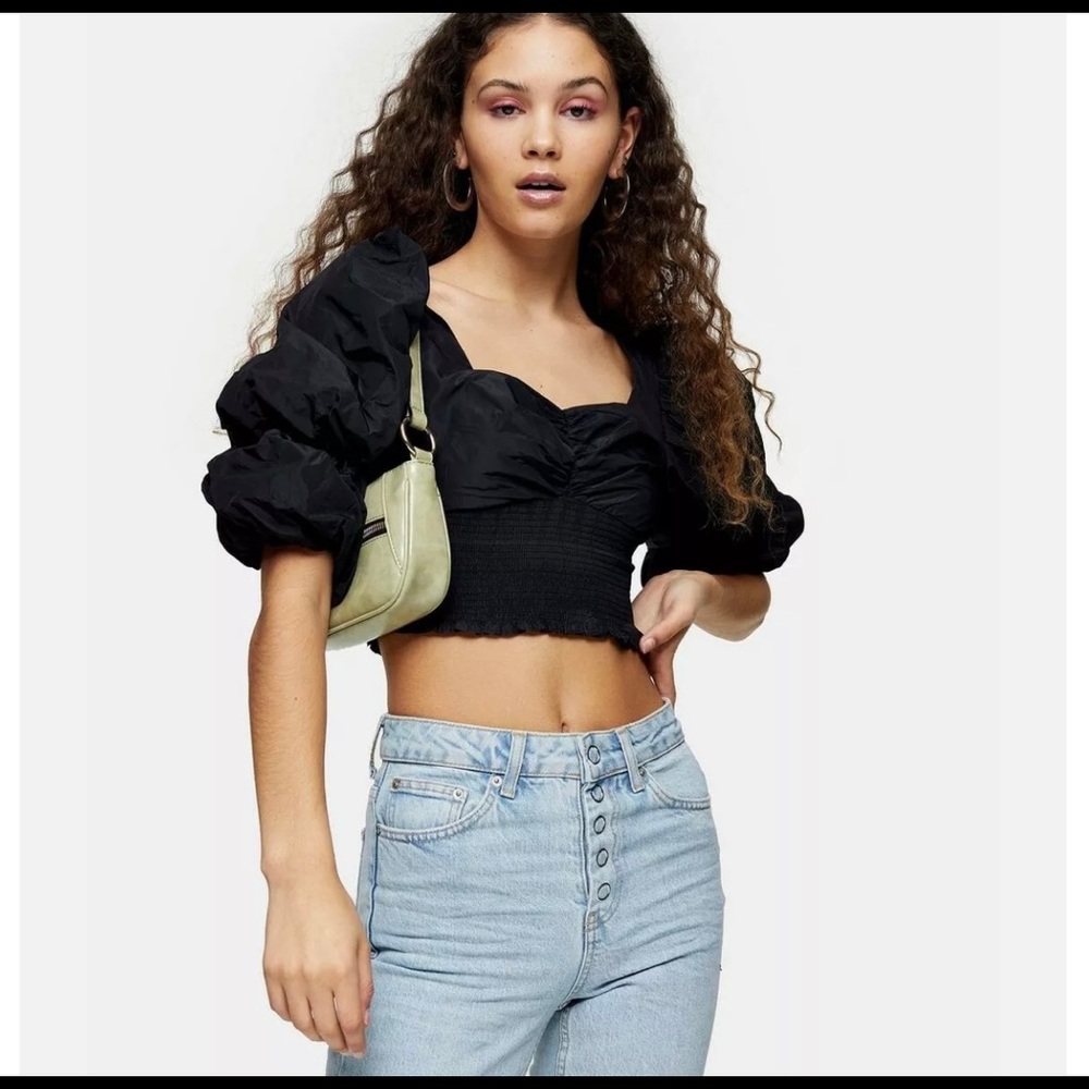 NWT TOPSHOP Black Puff Sleeve Taffeta Cropped Blouse Black Sz 8/10